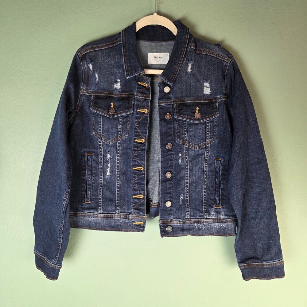 Kancan Womens XL Dark Wash Distressed Denim Jacket Fall Layer Festival Western